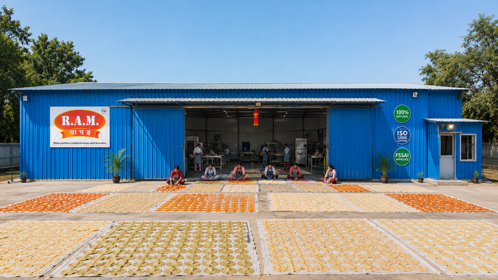 R.A.M. Papad factory with sun-drying yard and production team