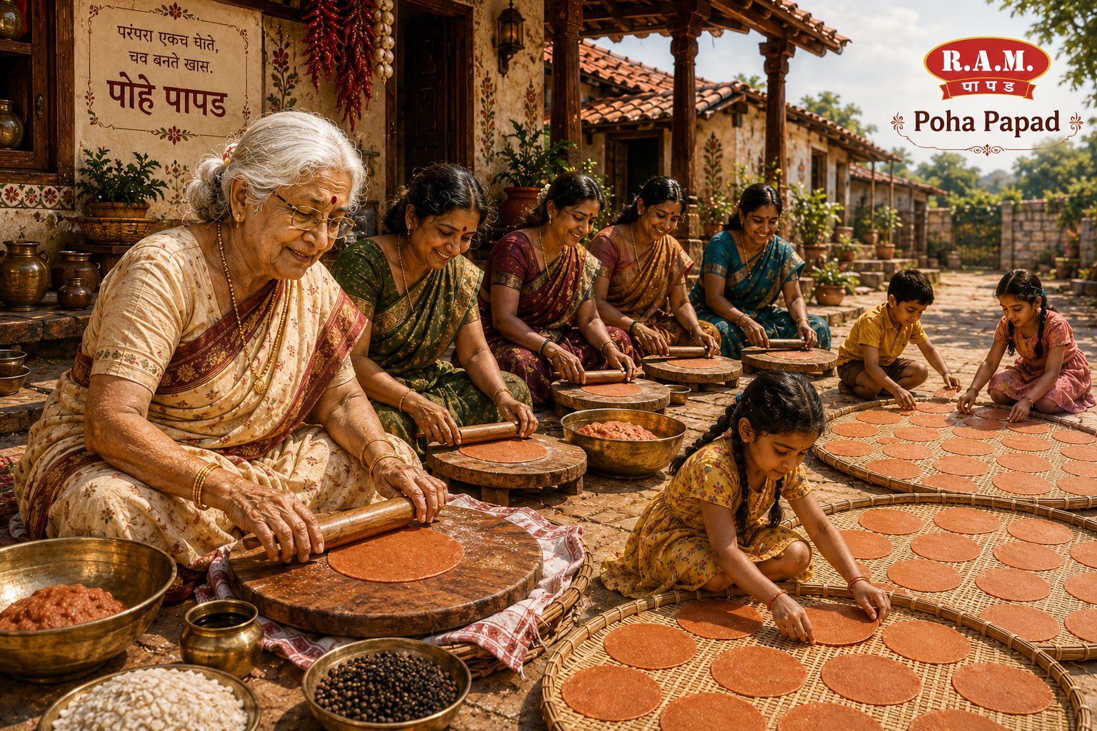 Village women and children preparing traditional summer foods and sun-drying papad